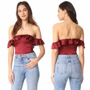 For Love & Lemon’s Virgo Ruffle Thong Bodysuit in Bordeaux
